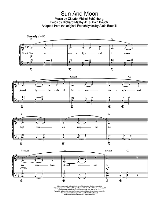Preview Boublil and Schonberg Sun And Moon (from Miss Saigon) Classical sheet music, notes and chords for Piano, SKU: 17886 sheet music, piano notes, chords, guitar tabs, score, transpose, transcribe, how to play, guide, download, learn, tutorial, progression, song, artist, awards, billboard, mtv, vh1, tour, single, album, release