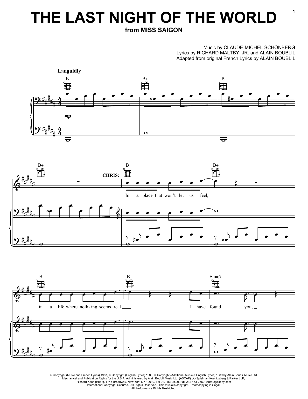 Preview Boublil and Schonberg The Last Night Of The World (from Miss Saigon) Musicals sheet music, notes and chords for Beginner Piano, SKU: 32214 Download Boublil and Schonberg The Last Night Of The World (from Miss Saigon) sheet music and printable PDF score & Musicals music notes