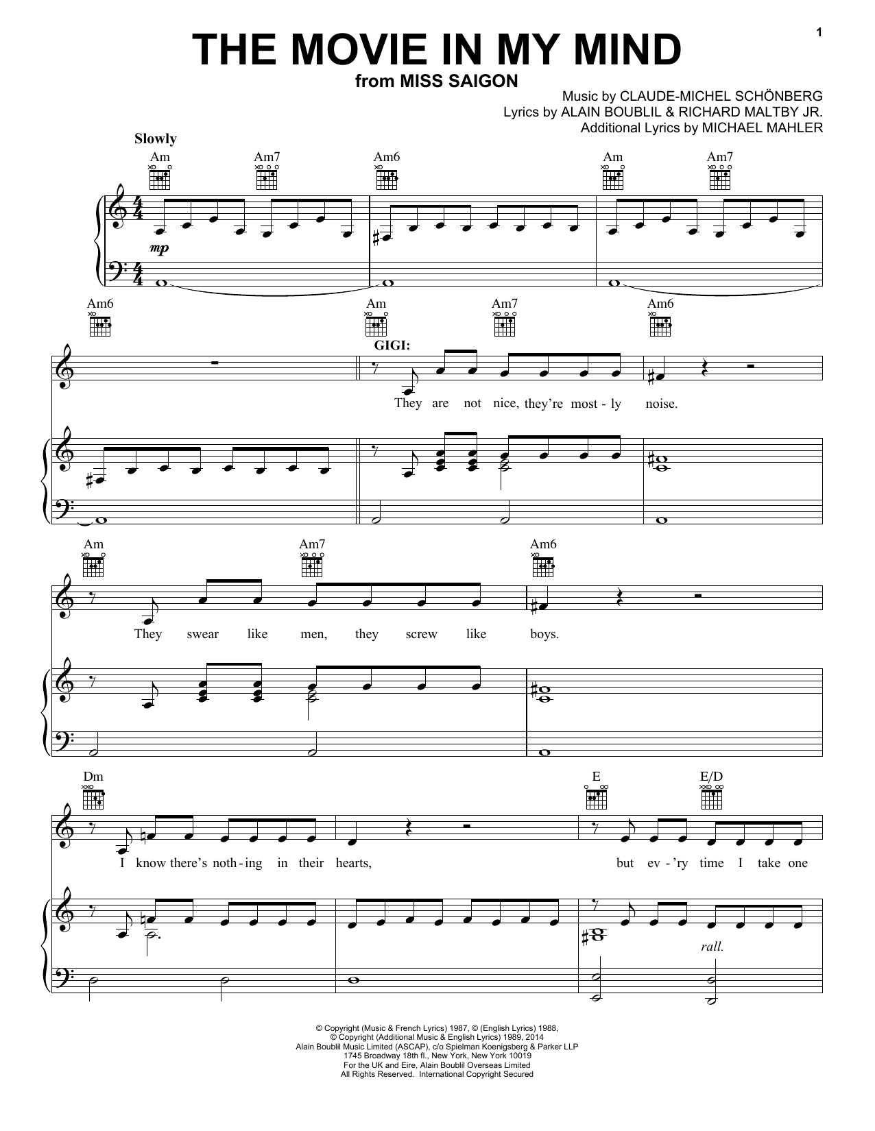 Preview Boublil and Schonberg The Movie In My Mind (from Miss Saigon) Broadway sheet music, notes and chords for Piano & Vocal, SKU: 70157 Download Boublil and Schonberg The Movie In My Mind (from Miss Saigon) sheet music and printable PDF score & Broadway music notes