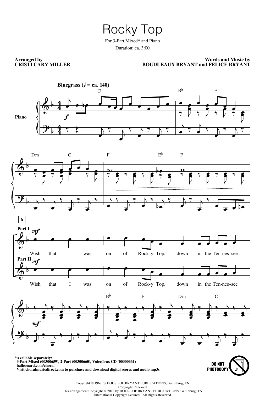 Preview Boudleaux Bryant and Felice Bryant Rocky Top (arr. Cristi Cary Miller) Country sheet music, notes and chords for 3-Part Mixed Choir, SKU: 425236 sheet music, piano notes, chords, guitar tabs, score, transpose, transcribe, how to play, guide, download, learn, tutorial, progression, song, artist, awards, billboard, mtv, vh1, tour, single, album, release