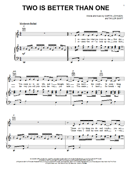 Download Boys Like Girls Two Is Better Than One (feat. Taylor Swift) sheet music and printable PDF score & Pop music notes