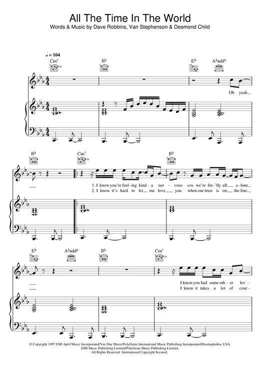 Preview Boyzone All The Time In The World Pop sheet music, notes and chords for Piano, Vocal & Guitar (Right-Hand Melody), SKU: 13628 sheet music, piano notes, chords, guitar tabs, score, transpose, transcribe, how to play, guide, download, learn, tutorial, progression, song, artist, awards, billboard, mtv, vh1, tour, single, album, release