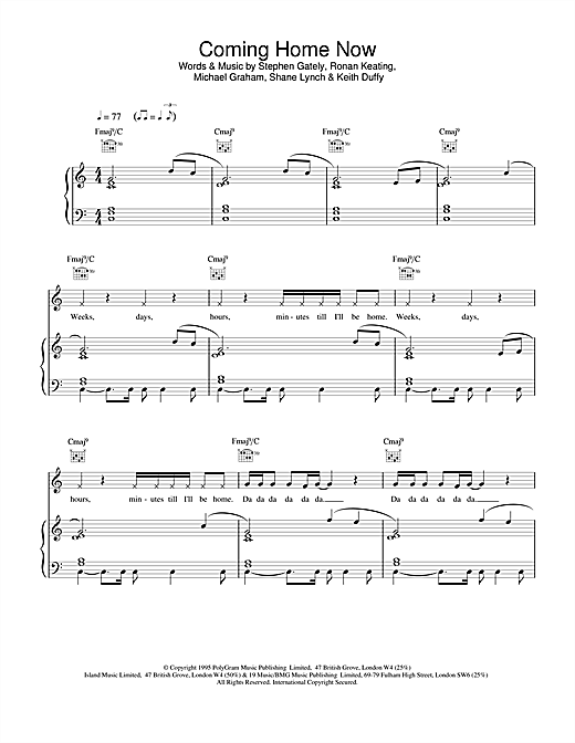 Preview Boyzone Coming Home Now Pop sheet music, notes and chords for Lyrics & Chords, SKU: 101383 sheet music, piano notes, chords, guitar tabs, score, transpose, transcribe, how to play, guide, download, learn, tutorial, progression, song, artist, awards, billboard, mtv, vh1, tour, single, album, release