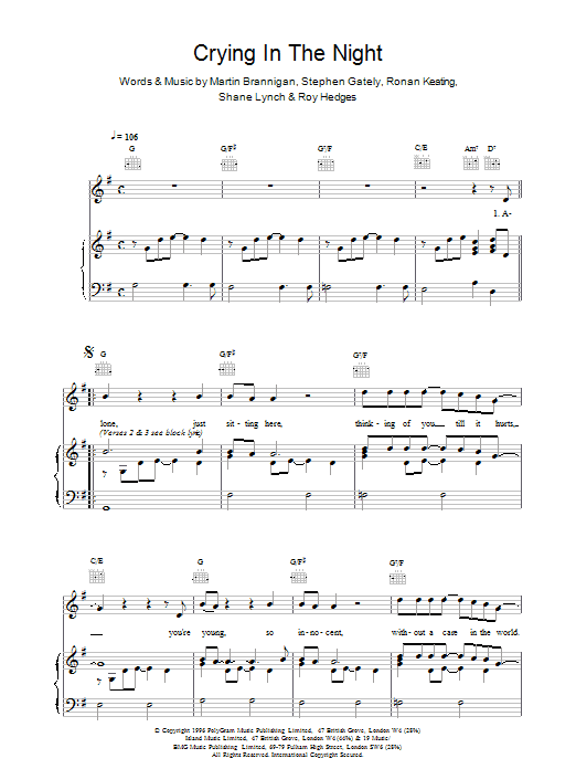 Preview Boyzone Crying In The Night Pop sheet music, notes and chords for Piano, Vocal & Guitar (Right-Hand Melody), SKU: 14466 Download Boyzone Crying In The Night sheet music and printable PDF score & Pop music notes