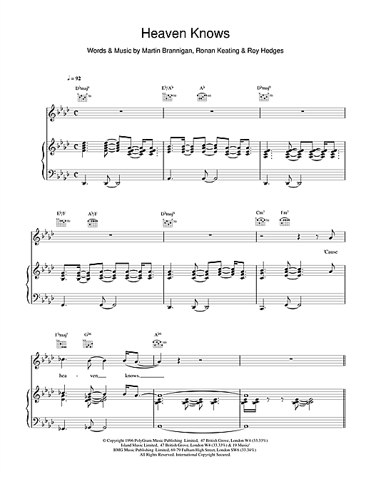 Preview Boyzone Heaven Knows Pop sheet music, notes and chords for Piano, Vocal & Guitar (Right-Hand Melody), SKU: 15122 sheet music, piano notes, chords, guitar tabs, score, transpose, transcribe, how to play, guide, download, learn, tutorial, progression, song, artist, awards, billboard, mtv, vh1, tour, single, album, release