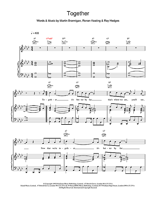 Preview Boyzone Together Pop sheet music, notes and chords for Piano, Vocal & Guitar (Right-Hand Melody), SKU: 17568 sheet music, piano notes, chords, guitar tabs, score, transpose, transcribe, how to play, guide, download, learn, tutorial, progression, song, artist, awards, billboard, mtv, vh1, tour, single, album, release