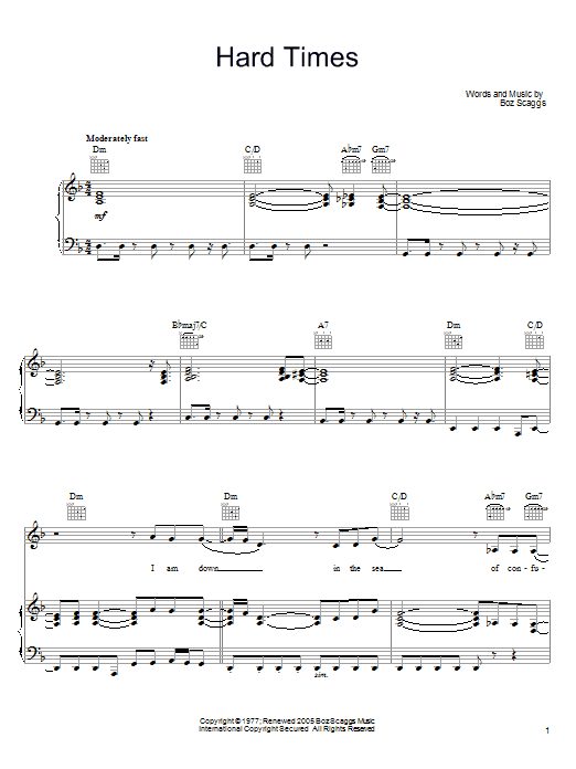 Preview Boz Scaggs Hard Times Pop sheet music, notes and chords for Piano, Vocal & Guitar (Right-Hand Melody), SKU: 58729 Download Boz Scaggs Hard Times sheet music and printable PDF score & Pop music notes