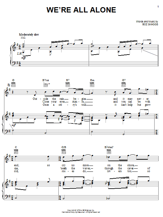 Preview Boz Scaggs We're All Alone Rock sheet music, notes and chords for Piano, Vocal & Guitar (Right-Hand Melody), SKU: 18133 sheet music, piano notes, chords, guitar tabs, score, transpose, transcribe, how to play, guide, download, learn, tutorial, progression, song, artist, awards, billboard, mtv, vh1, tour, single, album, release