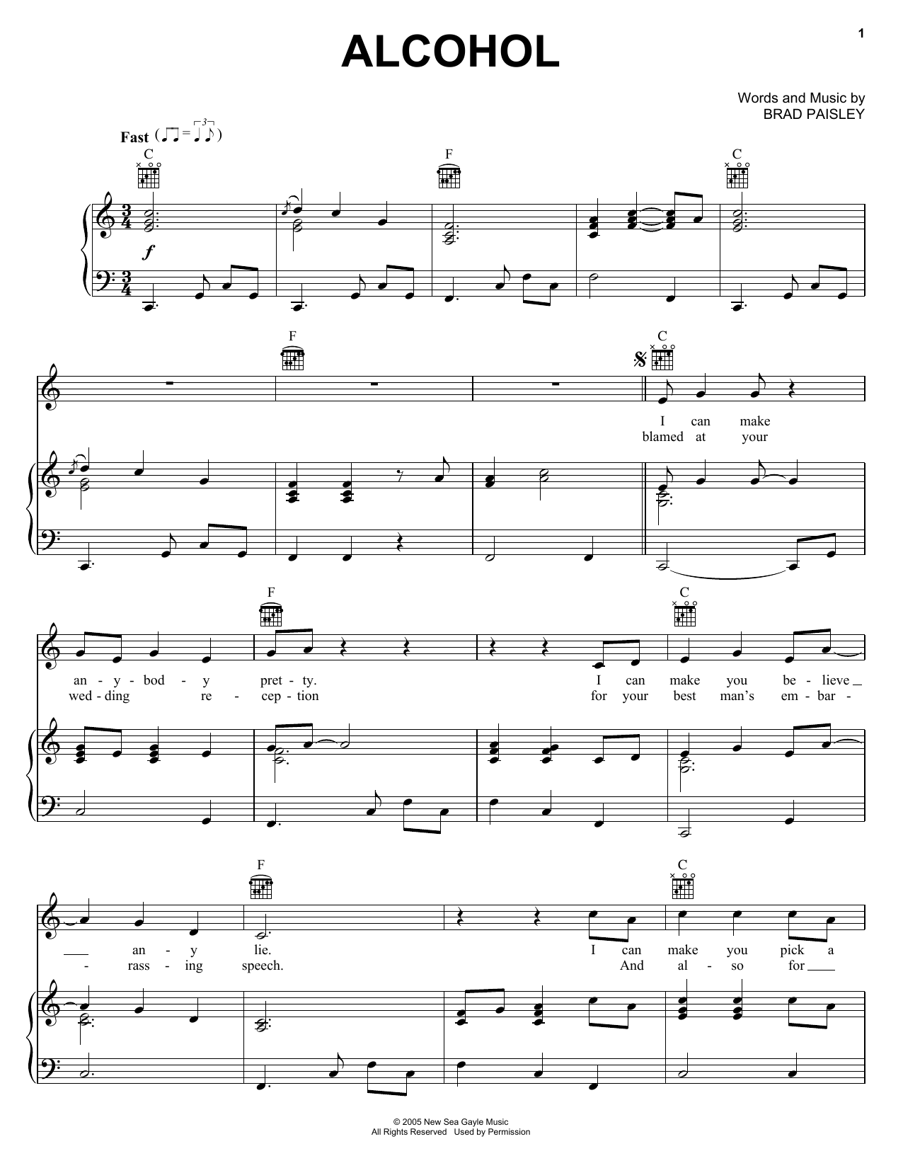 Preview Brad Paisley Alcohol Pop sheet music, notes and chords for Piano, Vocal & Guitar (Right-Hand Melody), SKU: 51783 Download Brad Paisley Alcohol sheet music and printable PDF score & Pop music notes
