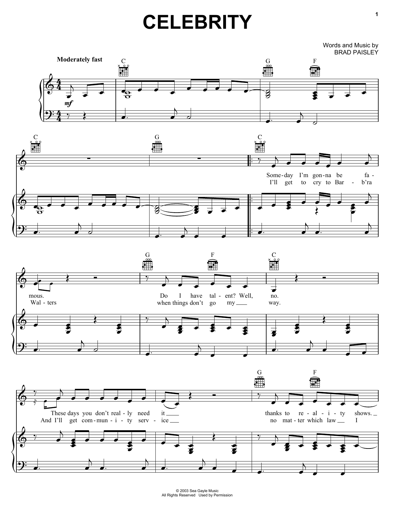 Download Brad Paisley Celebrity sheet music and printable PDF score & Country music notes