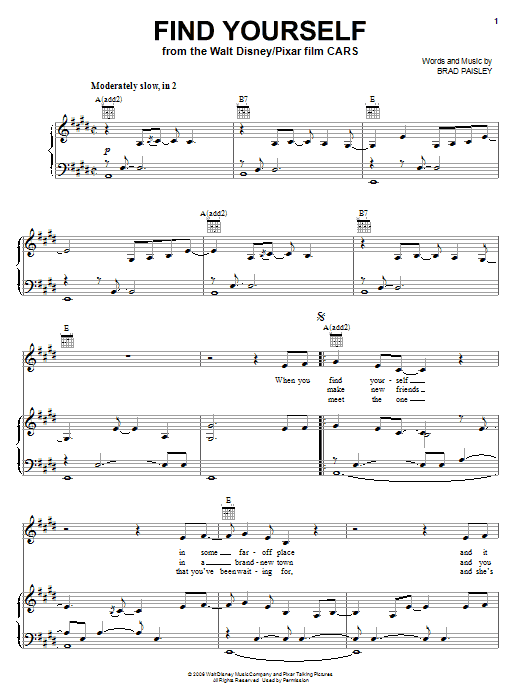 Preview Brad Paisley Find Yourself (from Cars) Pop sheet music, notes and chords for Piano, SKU: 156337 sheet music, piano notes, chords, guitar tabs, score, transpose, transcribe, how to play, guide, download, learn, tutorial, progression, song, artist, awards, billboard, mtv, vh1, tour, single, album, release