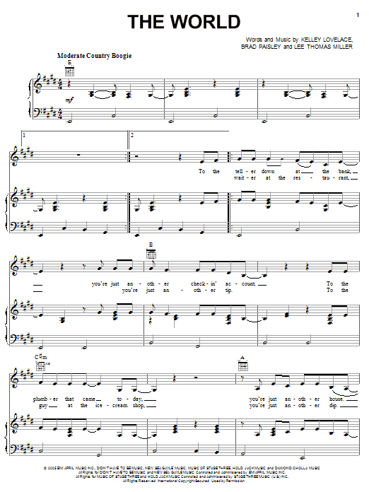 Preview Brad Paisley The World Pop sheet music, notes and chords for Piano, Vocal & Guitar (Right-Hand Melody), SKU: 54935 sheet music, piano notes, chords, guitar tabs, score, transpose, transcribe, how to play, guide, download, learn, tutorial, progression, song, artist, awards, billboard, mtv, vh1, tour, single, album, release