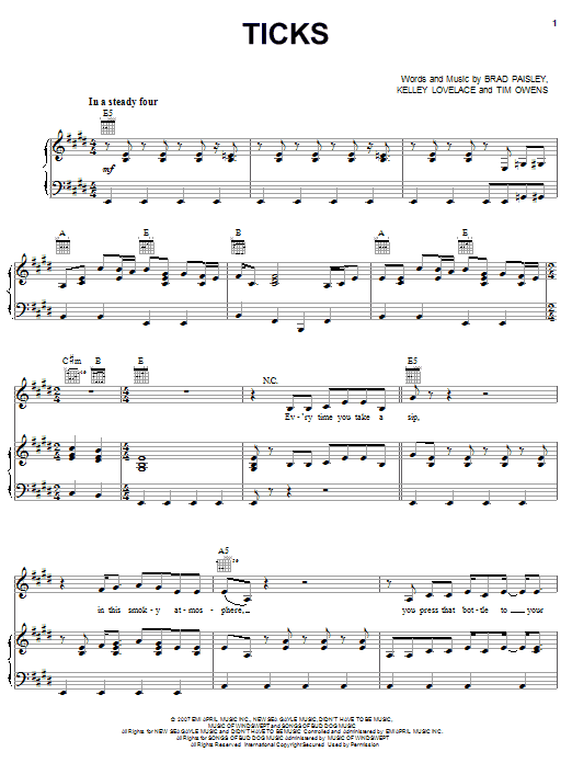Download Brad Paisley Ticks sheet music and printable PDF score & Pop music notes