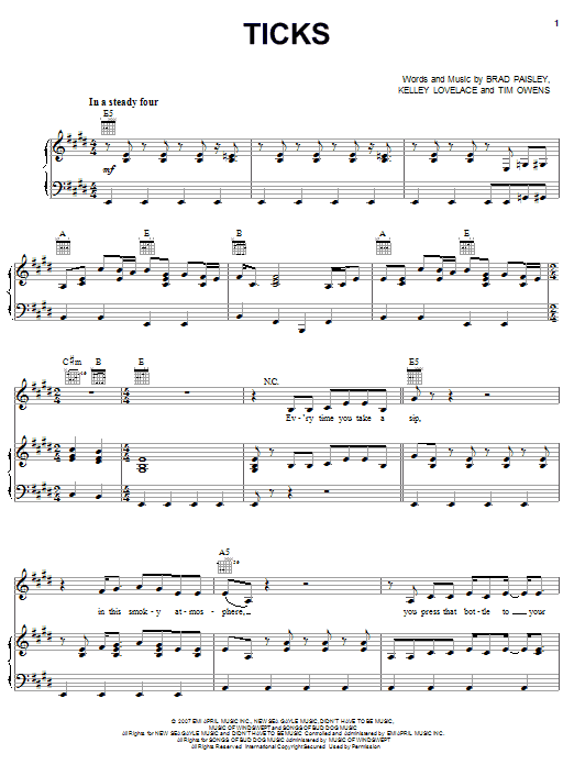 Preview Brad Paisley Ticks Pop sheet music, notes and chords for Piano, Vocal & Guitar (Right-Hand Melody), SKU: 58468 sheet music, piano notes, chords, guitar tabs, score, transpose, transcribe, how to play, guide, download, learn, tutorial, progression, song, artist, awards, billboard, mtv, vh1, tour, single, album, release