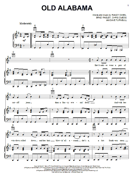 Preview Brad Paisley Old Alabama (feat. Alabama) Pop sheet music, notes and chords for Piano, Vocal & Guitar (Right-Hand Melody), SKU: 82378 Download Brad Paisley Old Alabama (feat. Alabama) sheet music and printable PDF score & Pop music notes