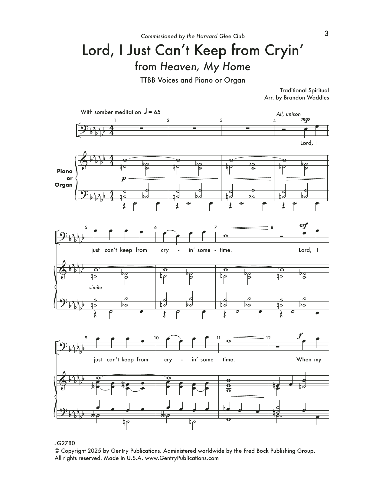 Brandon Waddles Lord, I Just Can't Keep From Crying: Three Spirituals For TB Voices Sheet Music & Chords for TTBB Choir - Download or Print PDF