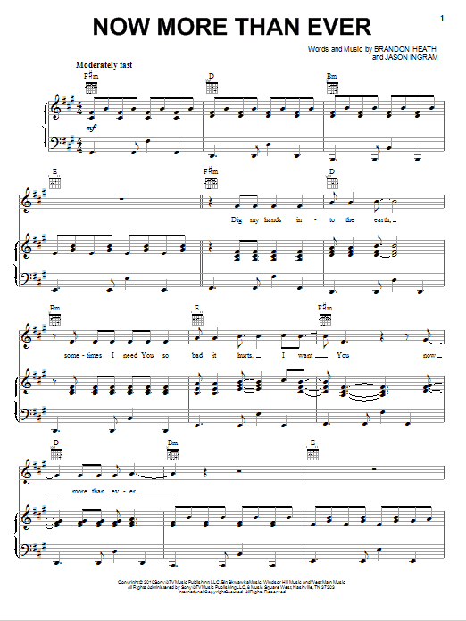 Preview Brandon Heath Now More Than Ever Pop sheet music, notes and chords for Piano, Vocal & Guitar (Right-Hand Melody), SKU: 79274 sheet music, piano notes, chords, guitar tabs, score, transpose, transcribe, how to play, guide, download, learn, tutorial, progression, song, artist, awards, billboard, mtv, vh1, tour, single, album, release