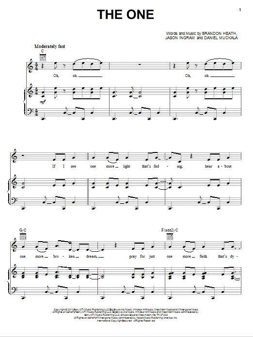 Download Brandon Heath The One sheet music and printable PDF score & Pop music notes