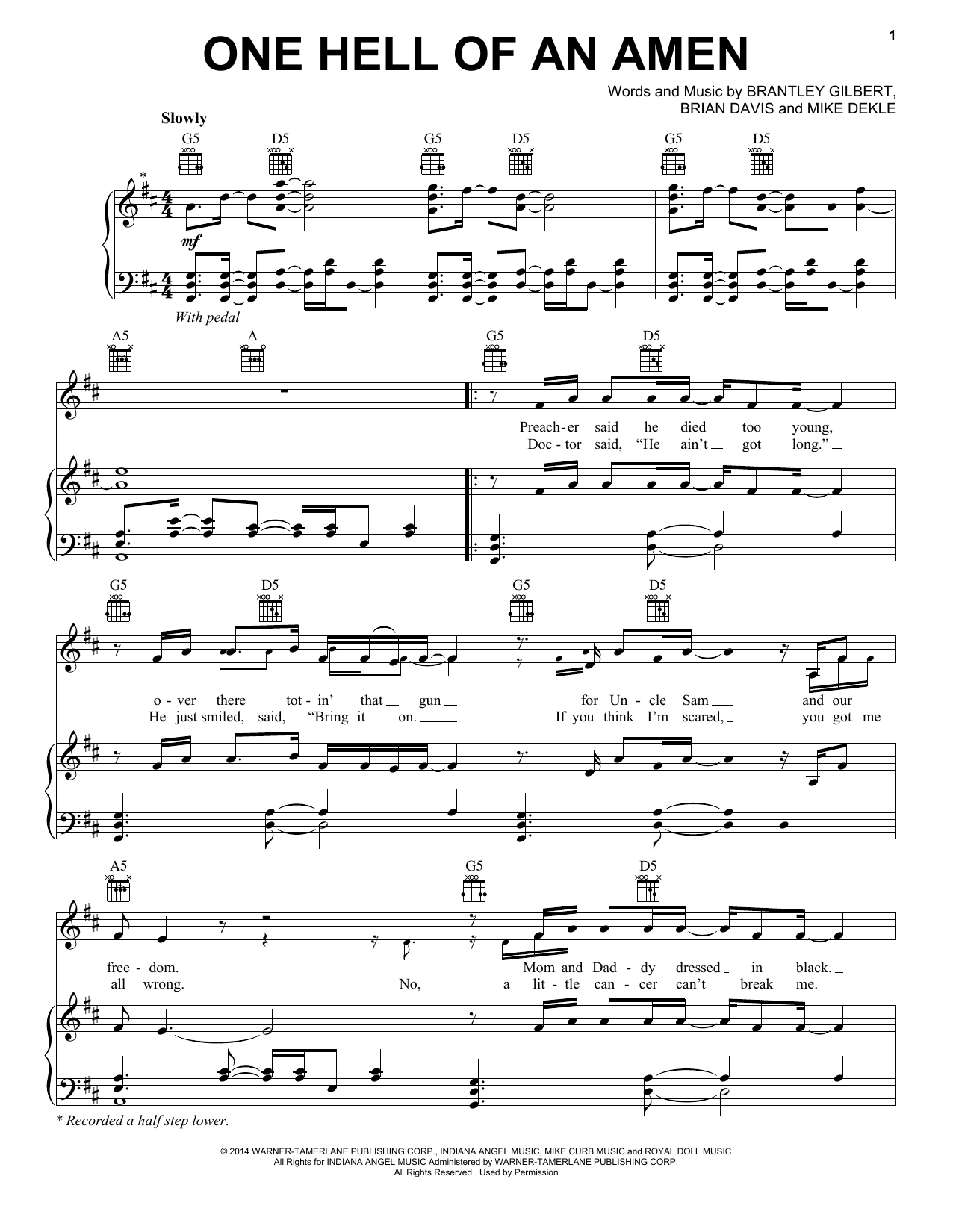 Preview Brantley Gilbert One Hell Of An Amen Pop sheet music, notes and chords for Piano, Vocal & Guitar (Right-Hand Melody), SKU: 160796 sheet music, piano notes, chords, guitar tabs, score, transpose, transcribe, how to play, guide, download, learn, tutorial, progression, song, artist, awards, billboard, mtv, vh1, tour, single, album, release