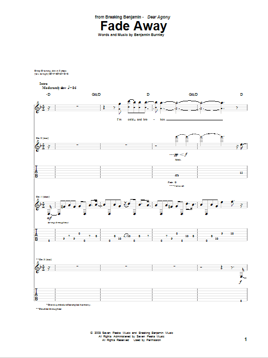 Breaking Benjamin Fade Away Sheet Music Download Printable Alternative Pdf Guitar Tab Score Sku 74686