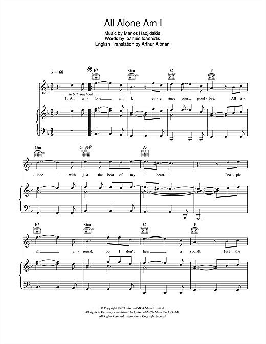 Preview Brenda Lee All Alone Am I Country sheet music, notes and chords for Piano, Vocal & Guitar (Right-Hand Melody), SKU: 121234 sheet music, piano notes, chords, guitar tabs, score, transpose, transcribe, how to play, guide, download, learn, tutorial, progression, song, artist, awards, billboard, mtv, vh1, tour, single, album, release