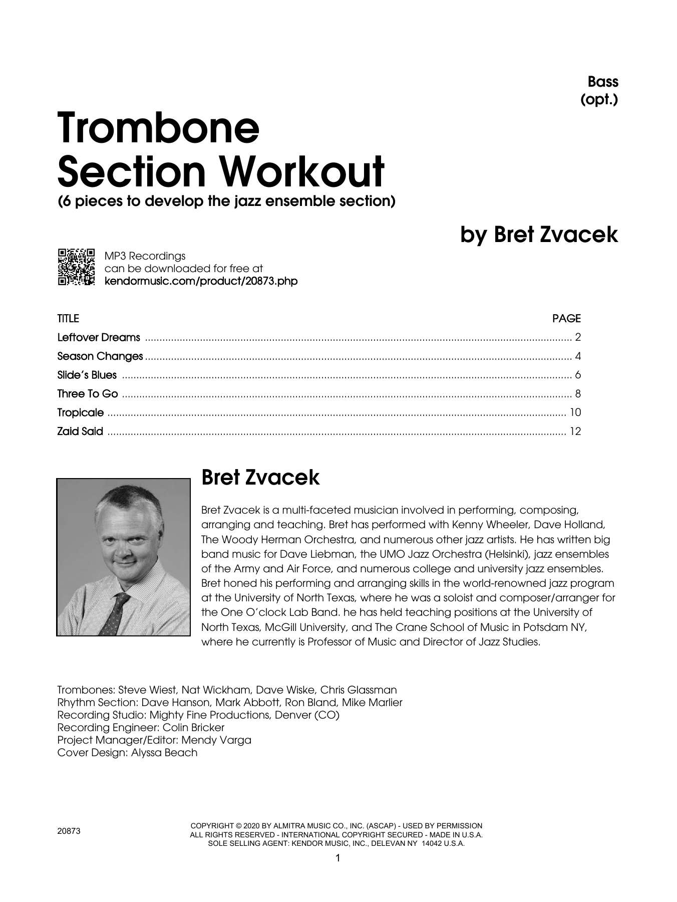 Download Bret Zvacek Trombone Section Workout with MP3's (6 pieces to develop the jazz ensemble section) - Bass sheet music and printable PDF score & Instructional music notes