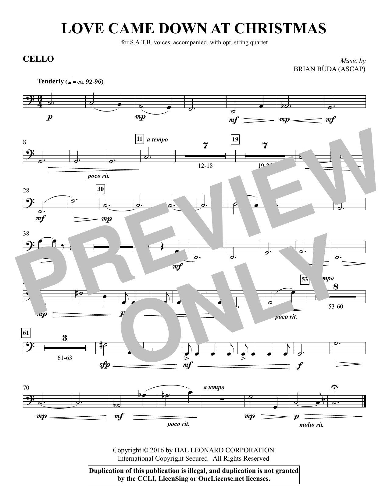 Download Brian Buda Love Came Down at Christmas - Cello sheet music and printable PDF score & Christmas music notes