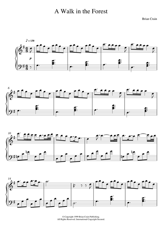 Preview Brian Crain A Walk In The Forest Classical sheet music, notes and chords for Piano, SKU: 120728 sheet music, piano notes, chords, guitar tabs, score, transpose, transcribe, how to play, guide, download, learn, tutorial, progression, song, artist, awards, billboard, mtv, vh1, tour, single, album, release