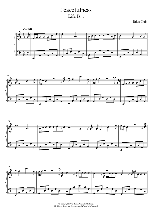 Preview Brian Crain Peacefulness Classical sheet music, notes and chords for Piano, SKU: 120734 sheet music, piano notes, chords, guitar tabs, score, transpose, transcribe, how to play, guide, download, learn, tutorial, progression, song, artist, awards, billboard, mtv, vh1, tour, single, album, release