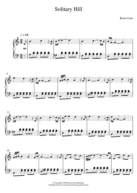 Preview Brian Crain Solitary Hill Classical sheet music, notes and chords for Piano, SKU: 120740 sheet music, piano notes, chords, guitar tabs, score, transpose, transcribe, how to play, guide, download, learn, tutorial, progression, song, artist, awards, billboard, mtv, vh1, tour, single, album, release