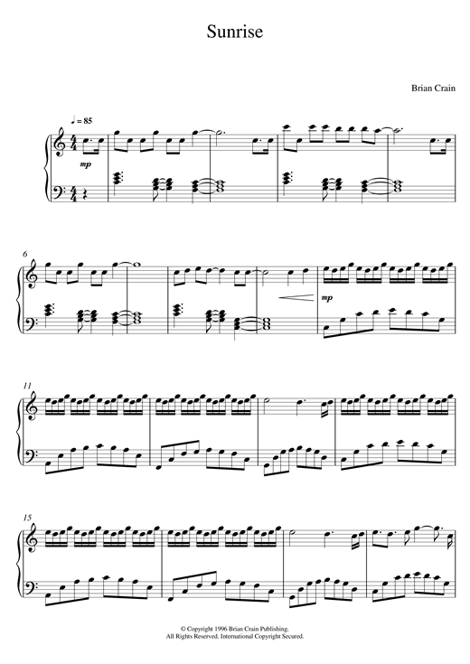 Preview Brian Crain Sunrise Classical sheet music, notes and chords for Piano, SKU: 120739 sheet music, piano notes, chords, guitar tabs, score, transpose, transcribe, how to play, guide, download, learn, tutorial, progression, song, artist, awards, billboard, mtv, vh1, tour, single, album, release