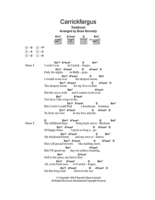 Preview Brian Kennedy Carrickfergus Traditional sheet music, notes and chords for Lyrics & Chords, SKU: 101268 sheet music, piano notes, chords, guitar tabs, score, transpose, transcribe, how to play, guide, download, learn, tutorial, progression, song, artist, awards, billboard, mtv, vh1, tour, single, album, release