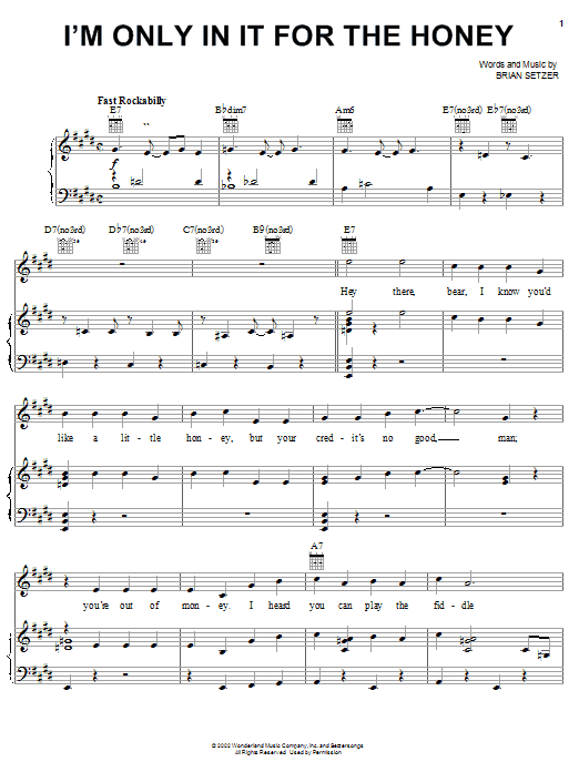 Preview Brian Setzer I'm Only In It For The Honey (from The Country Bears) Film and TV sheet music, notes and chords for Piano, Vocal & Guitar (Right-Hand Melody), SKU: 21320 sheet music, piano notes, chords, guitar tabs, score, transpose, transcribe, how to play, guide, download, learn, tutorial, progression, song, artist, awards, billboard, mtv, vh1, tour, single, album, release