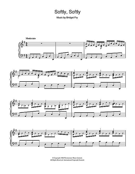 Preview Bridget Fry Softly, Softly Film and TV sheet music, notes and chords for Piano, SKU: 47785 sheet music, piano notes, chords, guitar tabs, score, transpose, transcribe, how to play, guide, download, learn, tutorial, progression, song, artist, awards, billboard, mtv, vh1, tour, single, album, release
