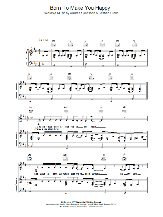 Preview Britney Spears Born To Make You Happy Pop sheet music, notes and chords for Piano, Vocal & Guitar (Right-Hand Melody), SKU: 13638 sheet music, piano notes, chords, guitar tabs, score, transpose, transcribe, how to play, guide, download, learn, tutorial, progression, song, artist, awards, billboard, mtv, vh1, tour, single, album, release
