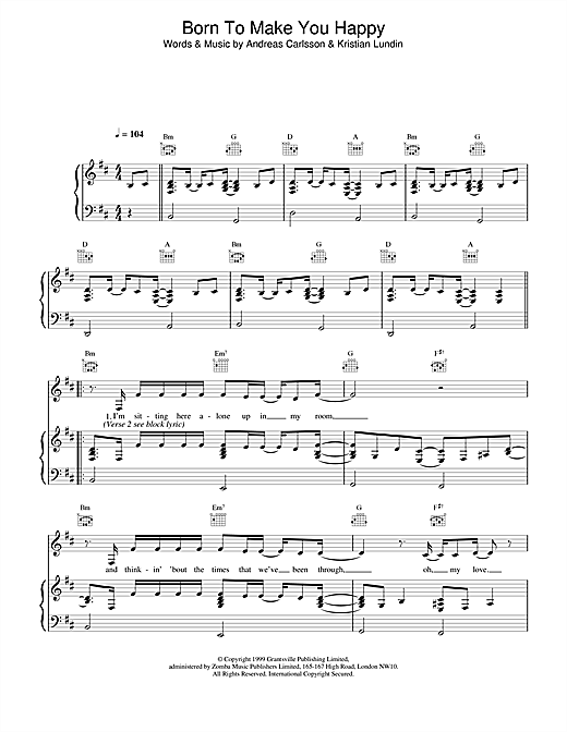 Preview Britney Spears Born To Make You Happy Pop sheet music, notes and chords for Piano, Vocal & Guitar (Right-Hand Melody), SKU: 13638 sheet music, piano notes, chords, guitar tabs, score, transpose, transcribe, how to play, guide, download, learn, tutorial, progression, song, artist, awards, billboard, mtv, vh1, tour, single, album, release