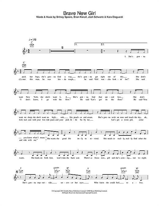 Preview Britney Spears Brave New Girl Pop sheet music, notes and chords for Melody Line, Lyrics & Chords, SKU: 31617 Download Britney Spears Brave New Girl sheet music and printable PDF score & Pop music notes