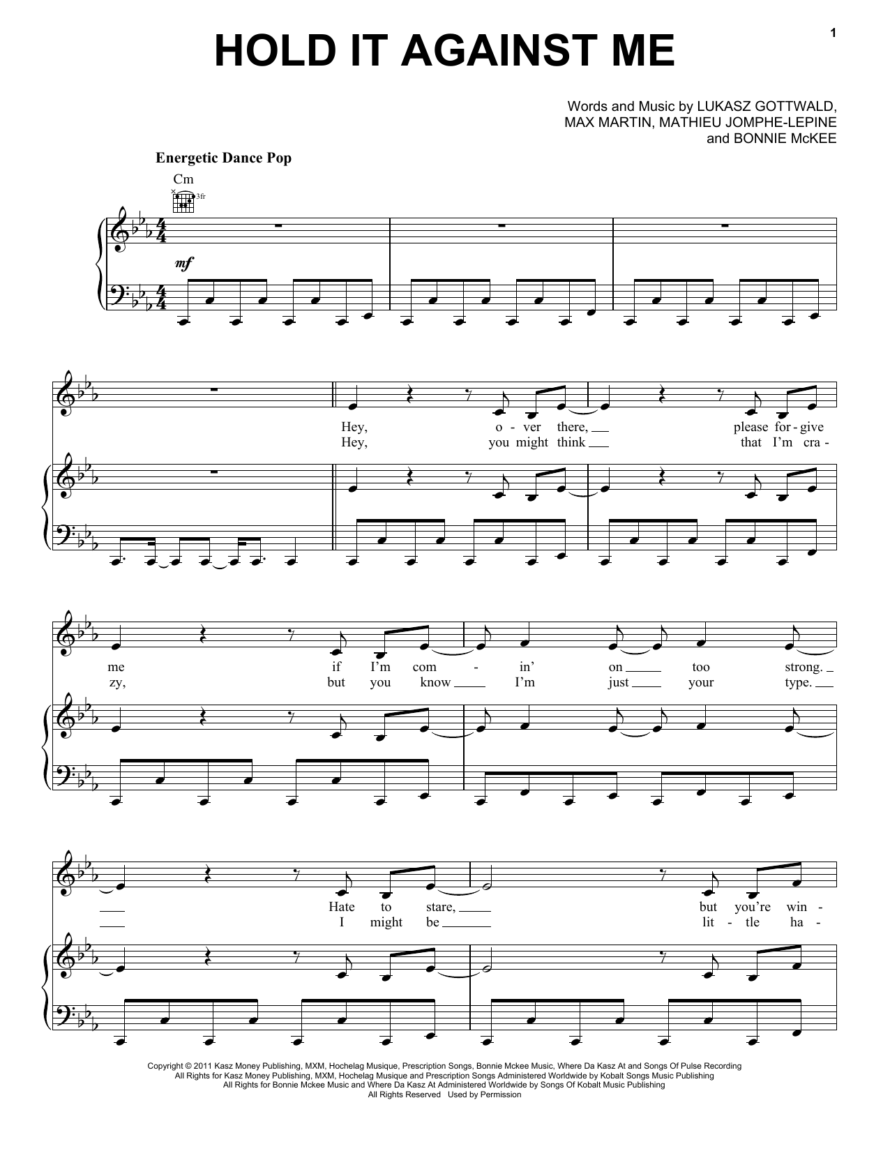 Preview Britney Spears Hold It Against Me Pop sheet music, notes and chords for Piano, Vocal & Guitar (Right-Hand Melody), SKU: 79306 Download Britney Spears Hold It Against Me sheet music and printable PDF score & Pop music notes