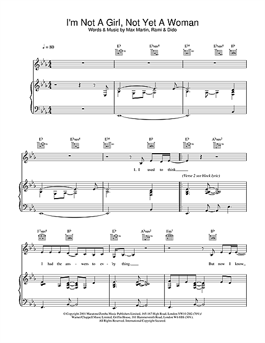 Preview Britney Spears I'm Not A Girl, Not Yet A Woman Pop sheet music, notes and chords for Lyrics Only, SKU: 24198 sheet music, piano notes, chords, guitar tabs, score, transpose, transcribe, how to play, guide, download, learn, tutorial, progression, song, artist, awards, billboard, mtv, vh1, tour, single, album, release