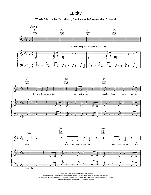 Preview Britney Spears Lucky Pop sheet music, notes and chords for Piano, Vocal & Guitar (Right-Hand Melody), SKU: 17019 sheet music, piano notes, chords, guitar tabs, score, transpose, transcribe, how to play, guide, download, learn, tutorial, progression, song, artist, awards, billboard, mtv, vh1, tour, single, album, release