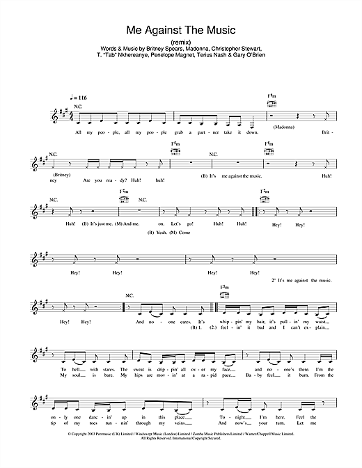 Preview Britney Spears Me Against The Music (Remix) (feat. Madonna) Pop sheet music, notes and chords for Melody Line, Lyrics & Chords, SKU: 31618 Download Britney Spears Me Against The Music (Remix) (feat. Madonna) sheet music and printable PDF score & Pop music notes