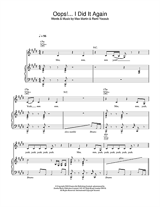 Preview Britney Spears Oops! I Did It Again Pop sheet music, notes and chords for Piano, Vocal & Guitar, SKU: 13709 sheet music, piano notes, chords, guitar tabs, score, transpose, transcribe, how to play, guide, download, learn, tutorial, progression, song, artist, awards, billboard, mtv, vh1, tour, single, album, release
