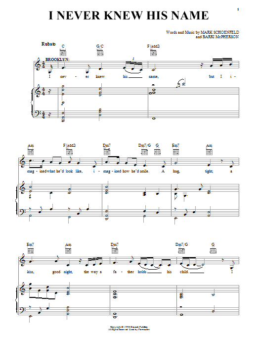 Preview Brooklyn The Musical I Never Knew His Name Musicals sheet music, notes and chords for Piano, Vocal & Guitar (Right-Hand Melody), SKU: 55193 Download Brooklyn The Musical I Never Knew His Name sheet music and printable PDF score & Musicals music notes