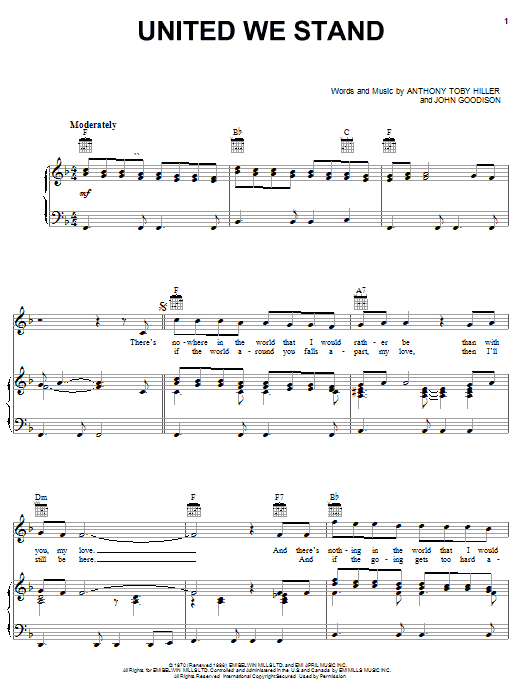 Preview Brotherhood Of Man United We Stand Religious sheet music, notes and chords for Easy Piano, SKU: 19608 sheet music, piano notes, chords, guitar tabs, score, transpose, transcribe, how to play, guide, download, learn, tutorial, progression, song, artist, awards, billboard, mtv, vh1, tour, single, album, release