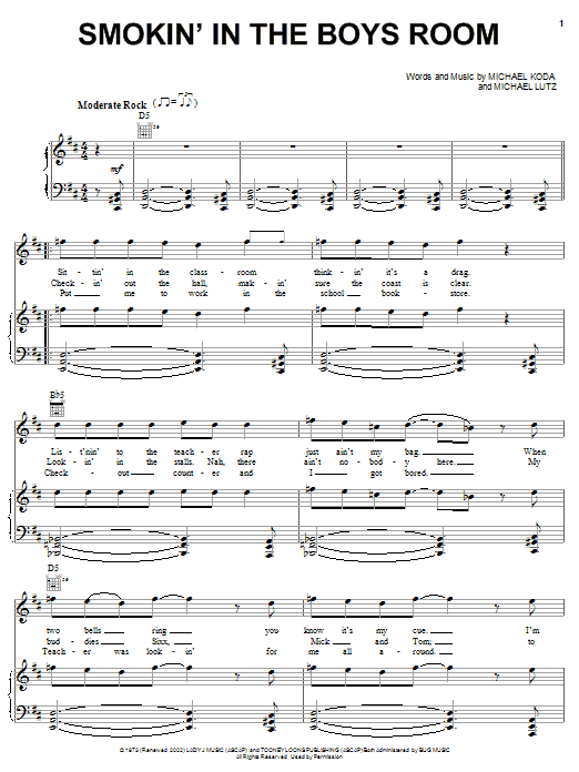 Preview Brownsville Station Smokin' In The Boys Room Pop sheet music, notes and chords for Piano, Vocal & Guitar (Right-Hand Melody), SKU: 51097 sheet music, piano notes, chords, guitar tabs, score, transpose, transcribe, how to play, guide, download, learn, tutorial, progression, song, artist, awards, billboard, mtv, vh1, tour, single, album, release