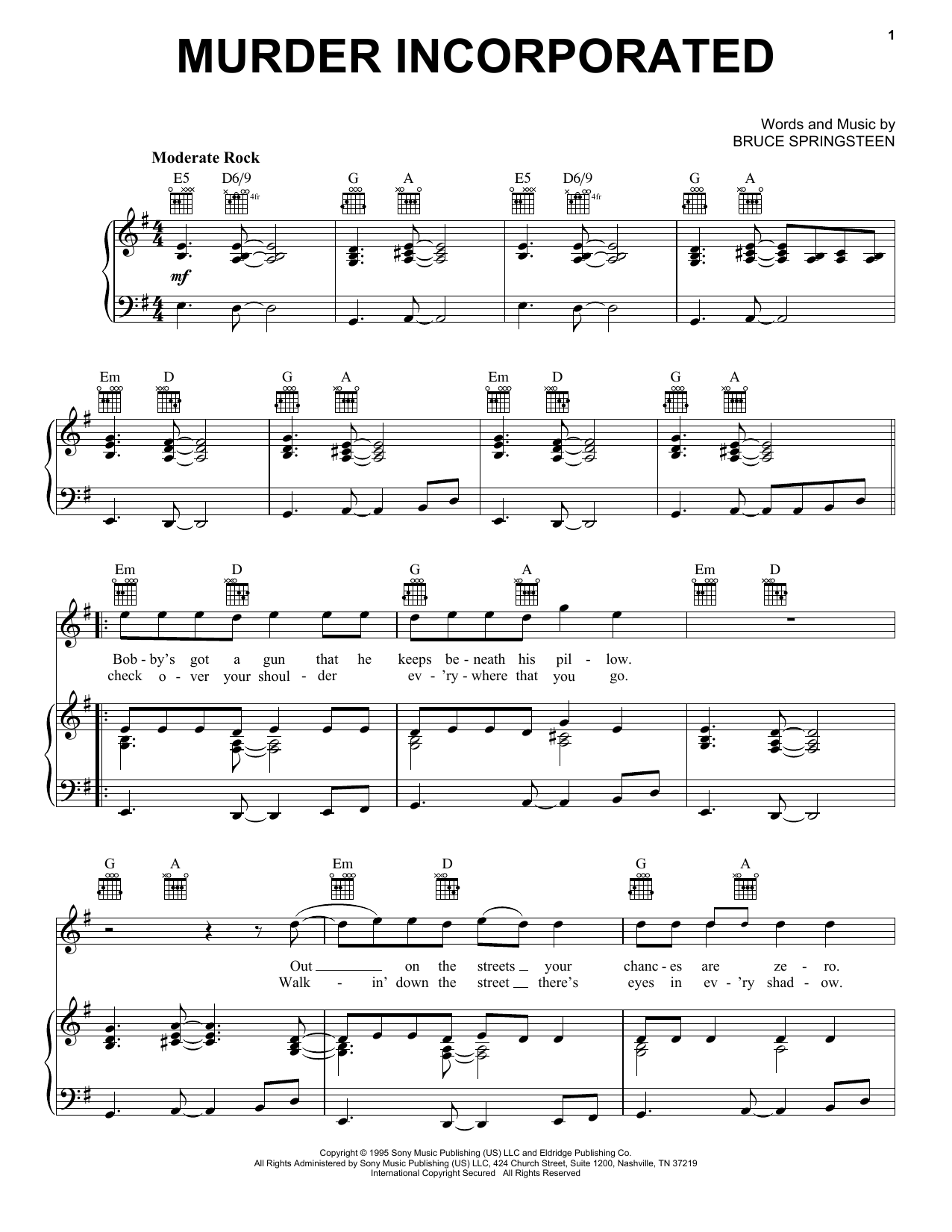 Bruce Springsteen Murder Incorporated Sheet Music & Chords for Piano, Vocal & Guitar Chords (Right-Hand Melody) - Download or Print PDF