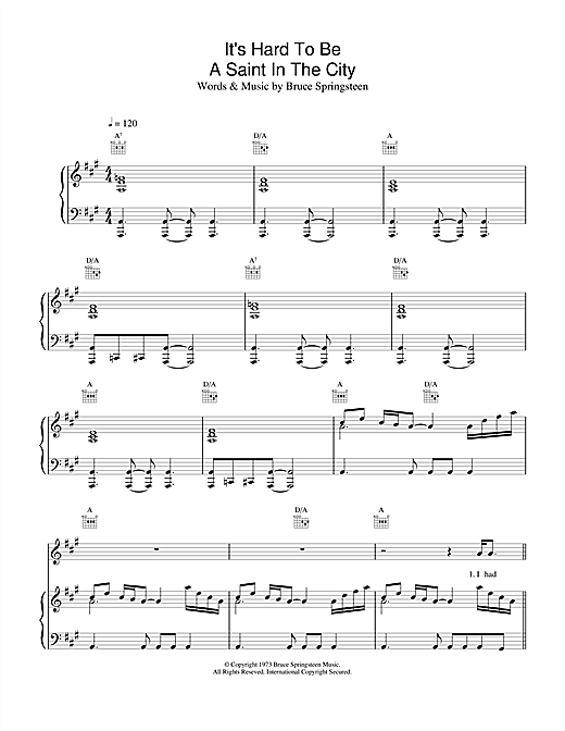 Preview Bruce Springsteen It's Hard To Be A Saint In The City Rock sheet music, notes and chords for Piano, Vocal & Guitar, SKU: 13797 sheet music, piano notes, chords, guitar tabs, score, transpose, transcribe, how to play, guide, download, learn, tutorial, progression, song, artist, awards, billboard, mtv, vh1, tour, single, album, release
