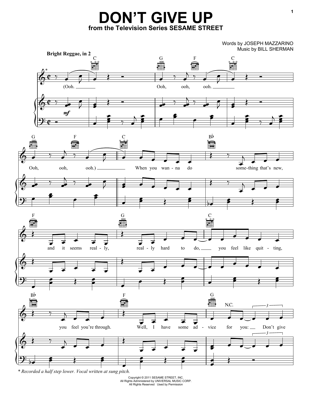 Preview Bruno Mars Don't Give Up (from Sesame Street) Children sheet music, notes and chords for Piano, Vocal & Guitar (Right-Hand Melody), SKU: 487488 Download Bruno Mars Don't Give Up (from Sesame Street) sheet music and printable PDF score & Children music notes