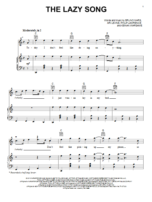 Preview Bruno Mars The Lazy Song Rock sheet music, notes and chords for Lyrics & Chords, SKU: 93661 sheet music, piano notes, chords, guitar tabs, score, transpose, transcribe, how to play, guide, download, learn, tutorial, progression, song, artist, awards, billboard, mtv, vh1, tour, single, album, release