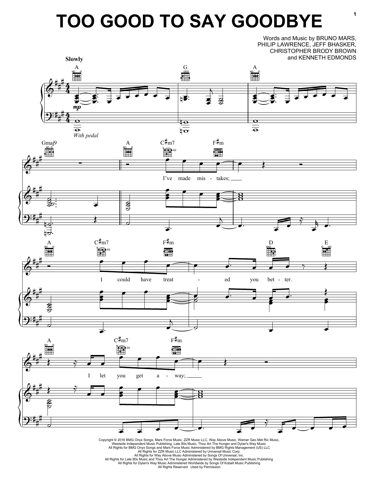Too Good To Say Goodbye Sheet Music Notes Bruno Mars Chords Download Rock Notes Piano Vocal Guitar Right Hand Melody Pdf Printable 181546